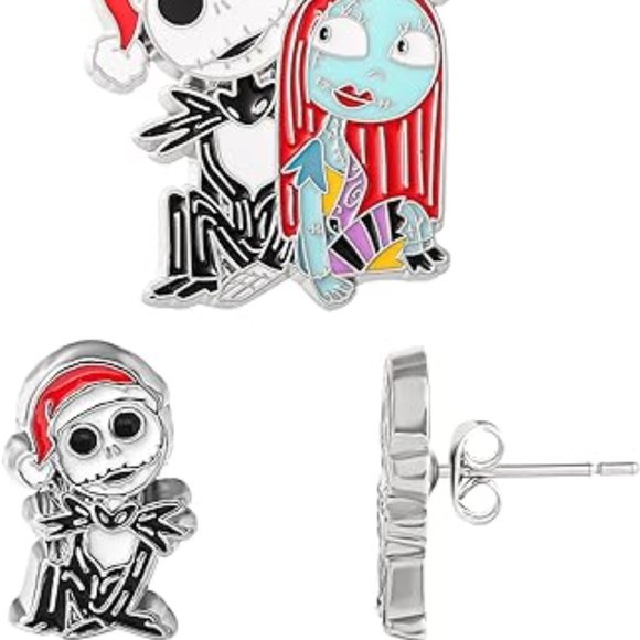 DISNEY 2pc THE NIGHTMARE BEFORE CHRISTMAS JACK + SALLY NECKLACE + EARRINGS SET - Picture 6 of 8